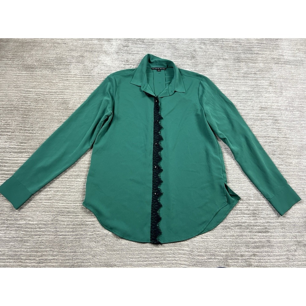 Antonio Melani Top Womens Medium Green Long Sleeve Button Up Lace Trim‎